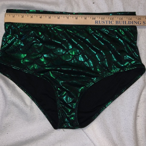 Mermaid swimsuit bottom green scales on black high waist bikini L - Picture 2 of 5